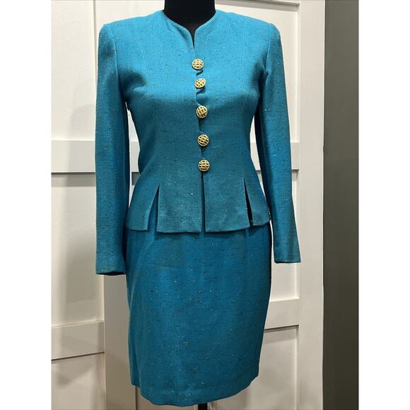 bloom Dresses & Skirts - VTG Noviello Bloom Teal Herringbone Tweed Skirt Suit Set Gold Button Peplum